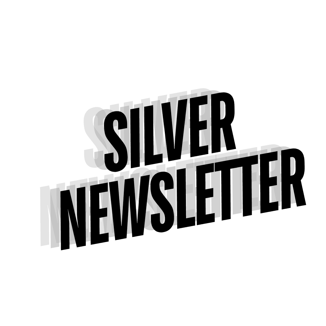 Text 'Silver Newsletter' in bold black letters with gray shadow on a blue background.