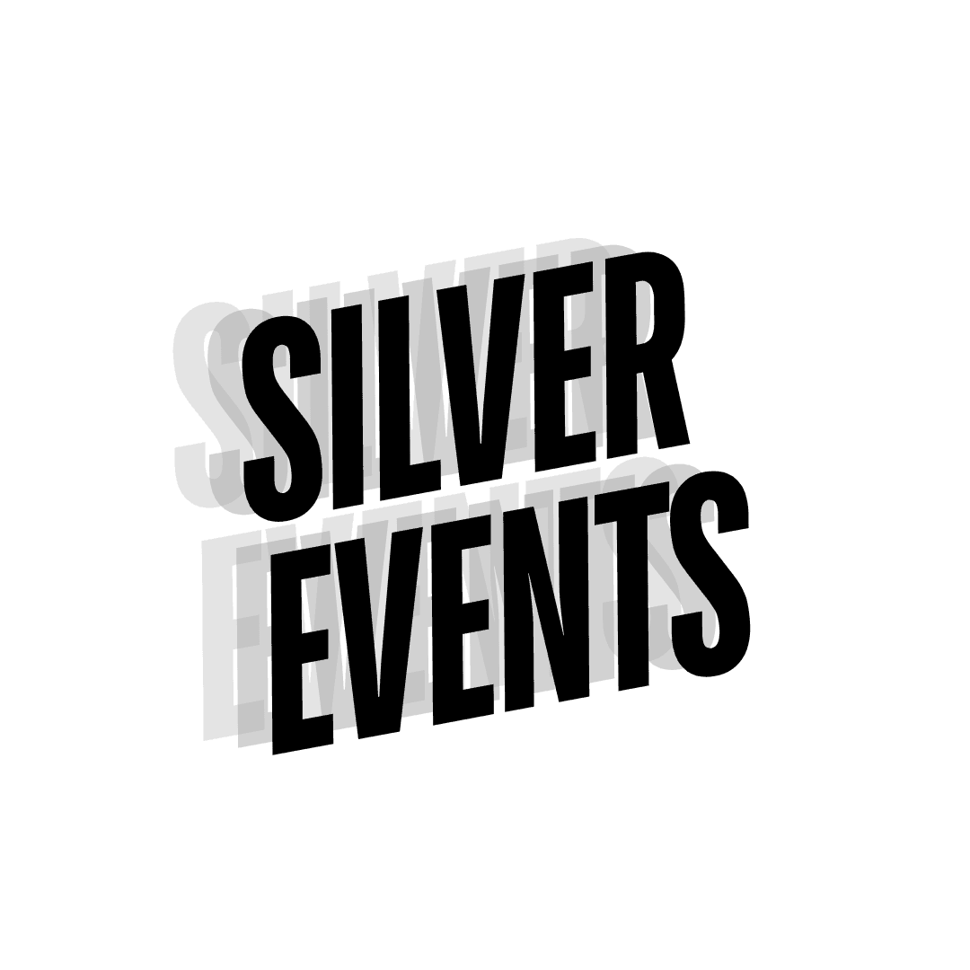 Black and white text logo of Silver Events with a shadow effect.