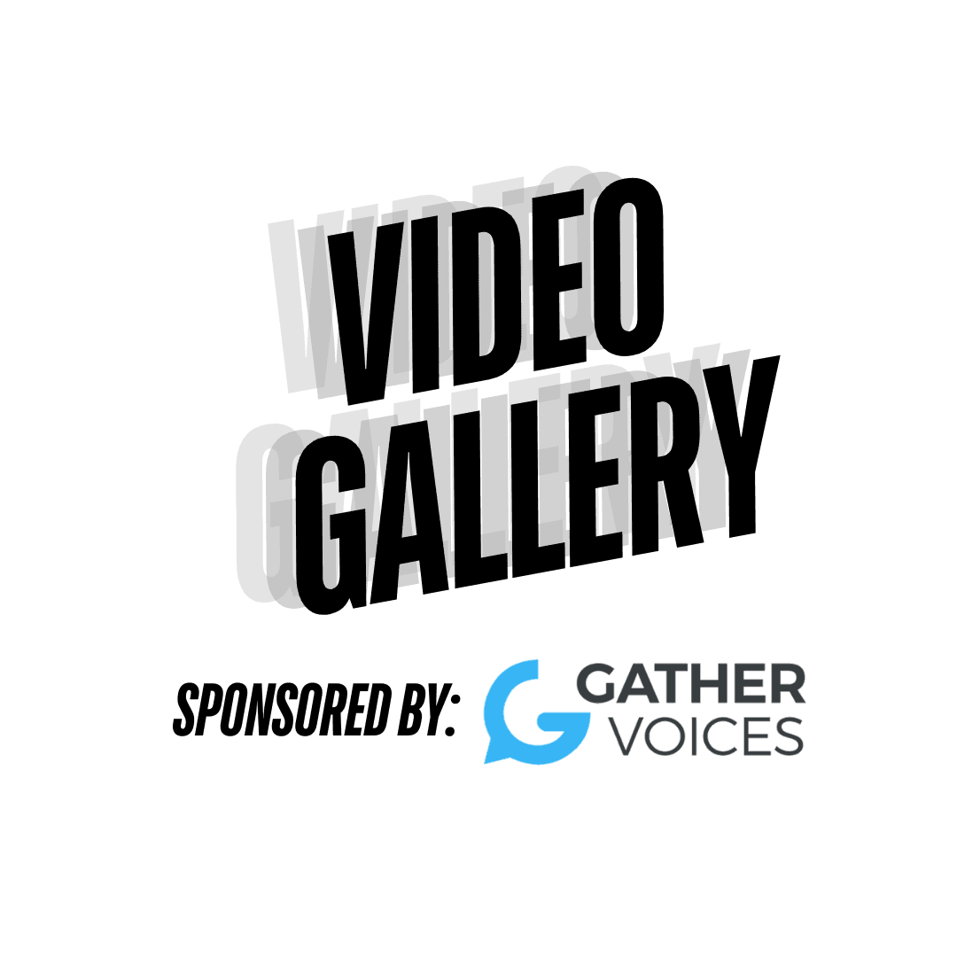 Video Gallery text, sponsored by Gather Voices logo on a blue background.